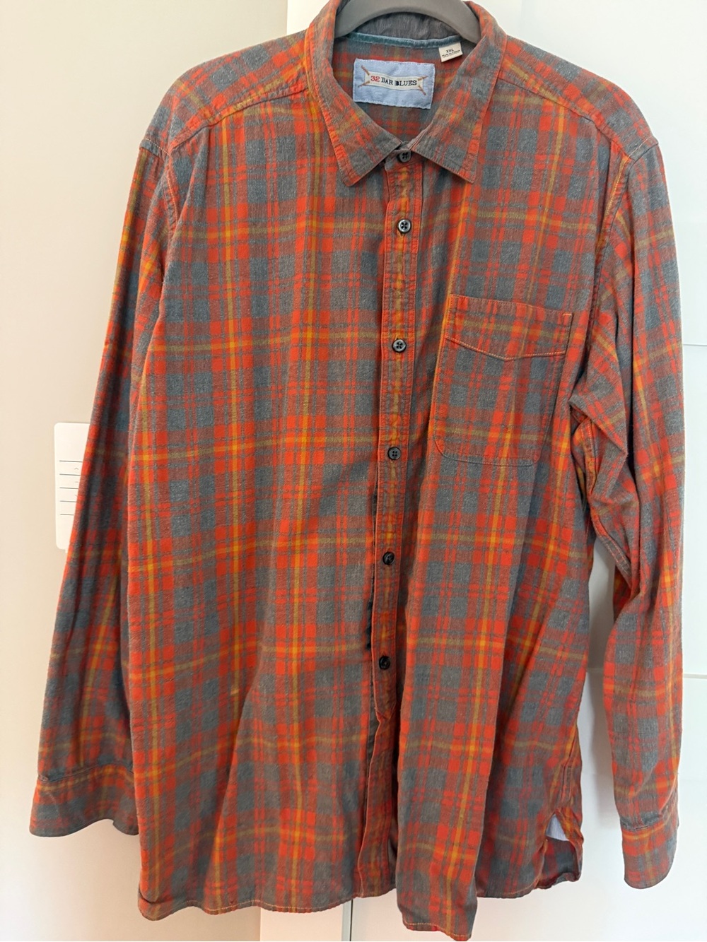 32 Bar Blues Men’s XXL Orange Charcoal Plaid 100% Cotton Flannel Shirt